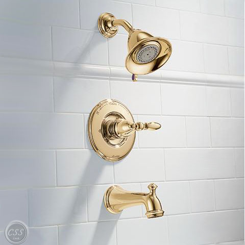 Delta 1455 Victorian Collection single-handle pressure-balance tub/shower and pull-up diverter spout with Scald-Guard? protection, in Brilliance? Polished Brass finish 1455PB-716PB