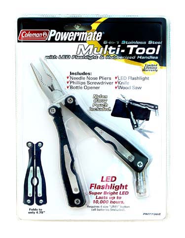 POCKET TOOLS:  COLEMAN 6 IN 1 MULTI-TOOL WITH LED FLASHLIGHT RUBBERIZED HANDLES AND CASE PMT7362