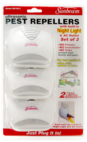 PEST REPELLERS - SUNBEAM 3PK ULTRASONIC PEST REPELLERS WITH NIGHT LIGHT SB105-3