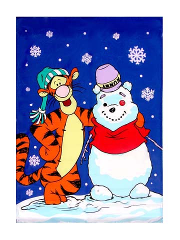 SNOWMAN DECORATIVE FLAG - WINNIE THE POOH SNOWMAN POOH WITH TIGGER TOO 28 INCH x 40 INCH DECORATIVE FLAG SX90421
