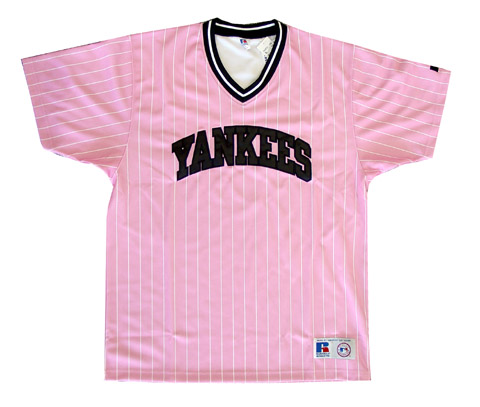 Yankees Women Jersey - Russell Athletic Womens New York Yankees Pin Stripe Pink Pull Over Jersey APYANKP-P